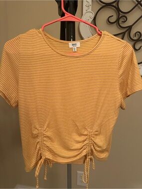 BKE Yellow & White Striped Ruched Drawstring Crop Tee